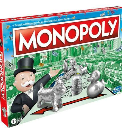 Hasbro Monopoly Classic Madrid board game with colorful game pieces and detailed Madrid-themed game board.