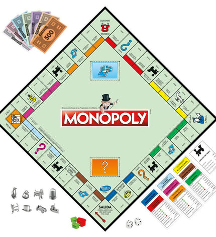 Hasbro Monopoly Classic Madrid edition board game with colorful game board, tokens, and game pieces for family fun