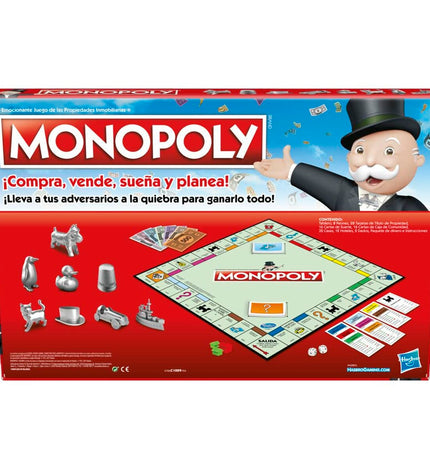 Hasbro Monopoly Classic Madrid board game with colorful game board, game pieces, and cards laid out on a table.