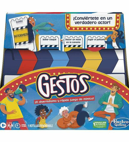 Hasbro Gestos ES party game box showing colorful game components and packaging for the guessing game.