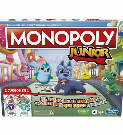 Monopoly Junior board game by Monopoly, colorful game pieces and game board for kids, educational toy for family fun.