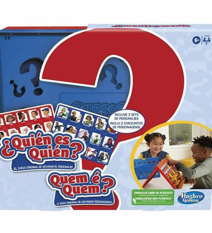 Hasbro "¿Quién es quién?" guessing game with colorful character cards and game board, suitable for family fun and social play.