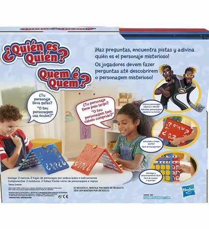 Hasbro "¿Quién es quién?" guessing game with character cards and game board, for fun family entertainment.