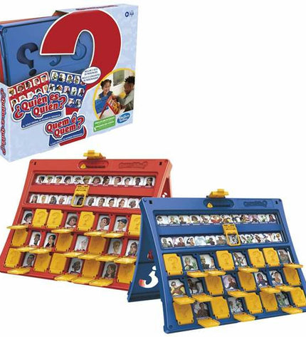 Hasbro "¿Quién es quién?" guessing game with colorful character cards and game pieces for children and families.
