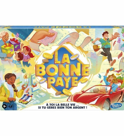 Hasbro La Bonne Paye board game with colorful game pieces and money tokens for family fun and strategic play.