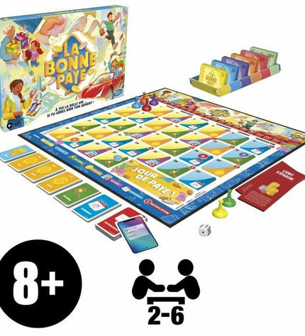 Hasbro La Bonne Paye board game with colorful game pieces and money, ideal for family fun and strategic play.