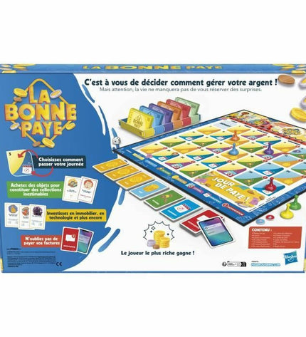 Hasbro La Bonne Paye board game with colorful game pieces, money, and game board for family fun and entertainment.
