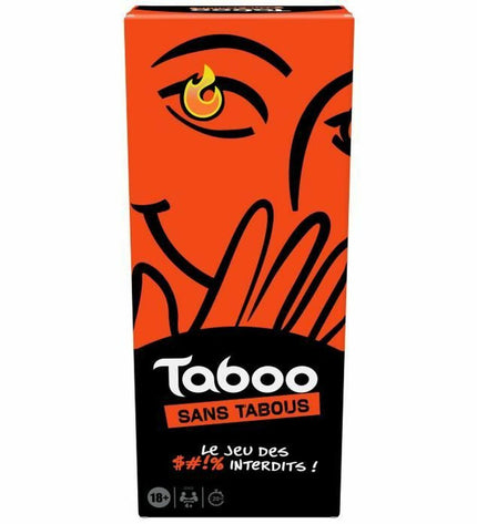 Hasbro Taboo game box showing colorful card deck and game components for family word-guessing fun.