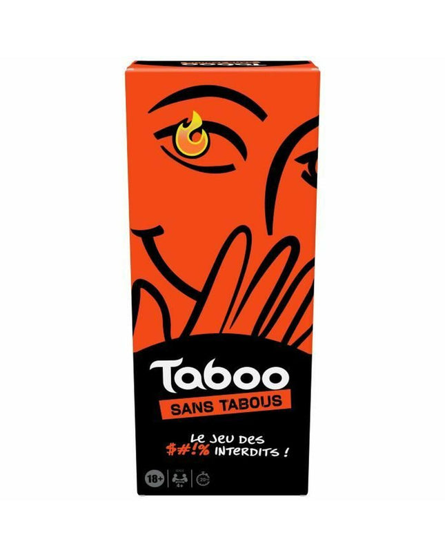 Hasbro Taboo game box showing colorful card deck and game components for family word-guessing fun.