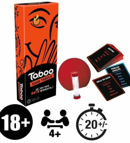 Hasbro Taboo word-guessing board game with colorful game cards and game pieces for family fun and social entertainment.