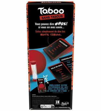 Hasbro Taboo word-guessing game with colorful cards and game pieces, designed for fun family and party play.