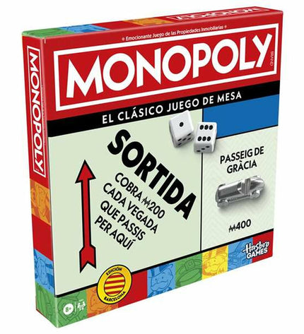 Hasbro Monopoly Barcelona educational game with colorful game board, tokens, and cards for family fun and learning.