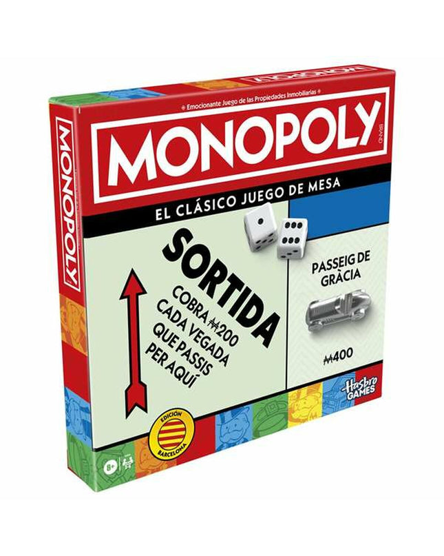 Hasbro Monopoly Barcelona educational game with colorful game board, tokens, and cards for family fun and learning.