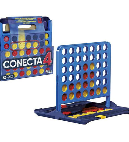 Hasbro Connect 4 game with colorful plastic discs stacked in a grid for two-player strategy gameplay.
