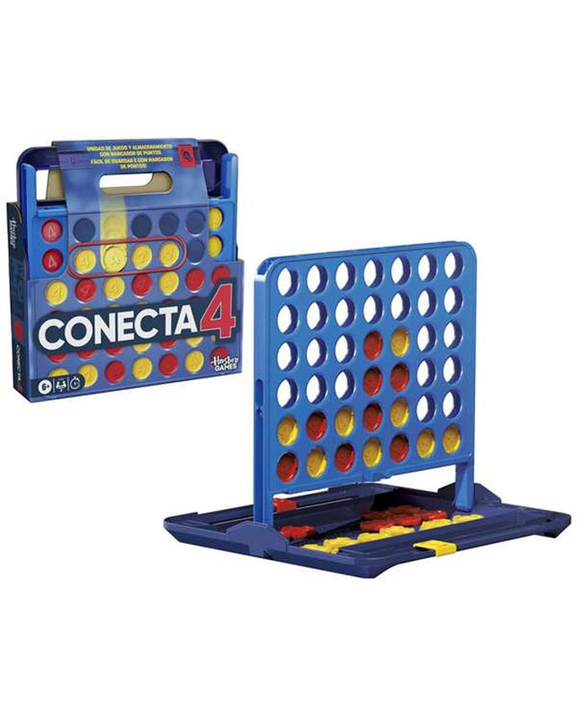 Hasbro Connect 4 game with colorful plastic discs stacked in a grid for two-player strategy gameplay.