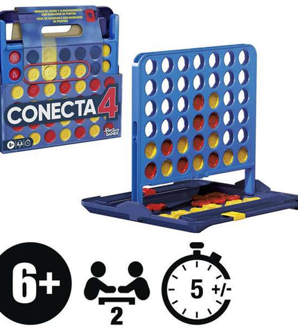 Hasbro Connect 4 game with colorful plastic discs in a vertical grid for two players.