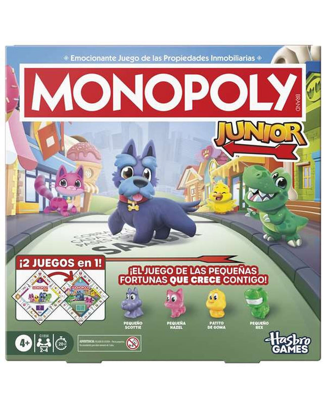 Hasbro Monopoly Junior toy game with colorful game board, cards, and play pieces for kids.