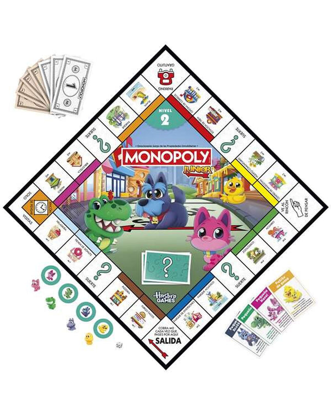 Hasbro Monopoly Junior board game with colorful game pieces and game board for kids, fun family game activity