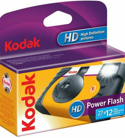 Kodak Power Flash digital camera toy for kids, bright yellow electronic toy with camera lens and colorful buttons for playful photography.
