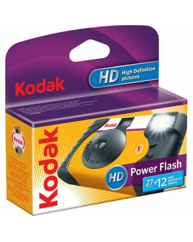 Kodak Power Flash digital camera toy for kids, bright yellow electronic toy with camera lens and colorful buttons for playful photography.