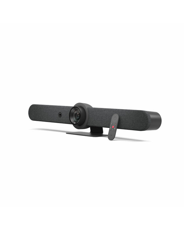 Logitech Rally Bar 4K Ultra HD video camera with Wi-Fi and Bluetooth in black, suitable for professional video conferencing.