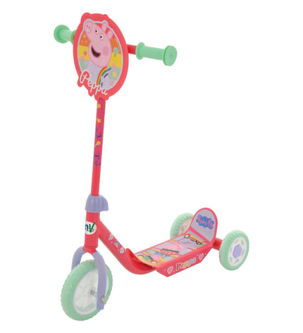 Peppa Pig rubber and metal scooter for outdoor and urban mobility, featuring colorful plastic parts for kids.