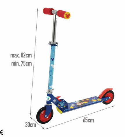 Blue Mickey Mouse scooter toy, 65x82x30 cm, designed for outdoor play, featuring colorful Mickey Mouse graphics.