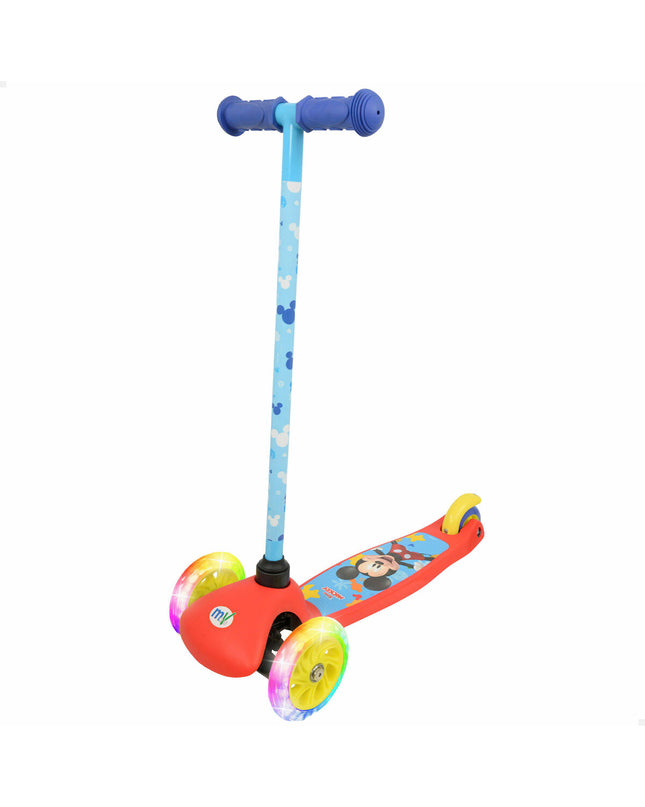 Mickey Mouse scooter for outdoor city mobility, featuring rubber, metal, and plastic parts for kids' sporty urban use.