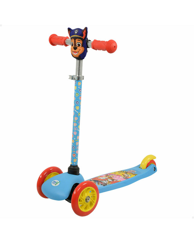 Blue Paw Patrol metal plastic scooter for outdoor urban mobility, featuring multicolored design and safety features.