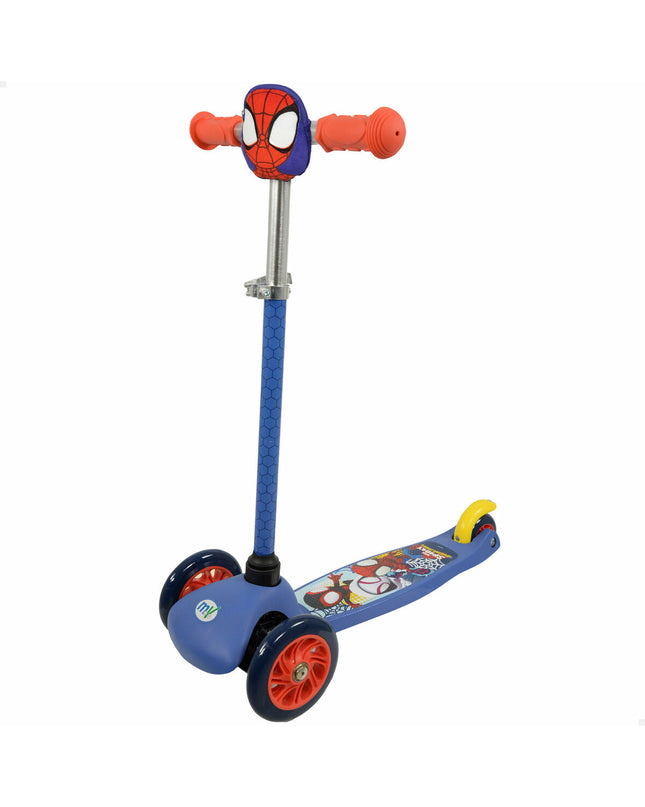 Colorful Spidey metal plastic scooter for urban mobility, designed for sports and outdoor activities, featuring multicolour details.