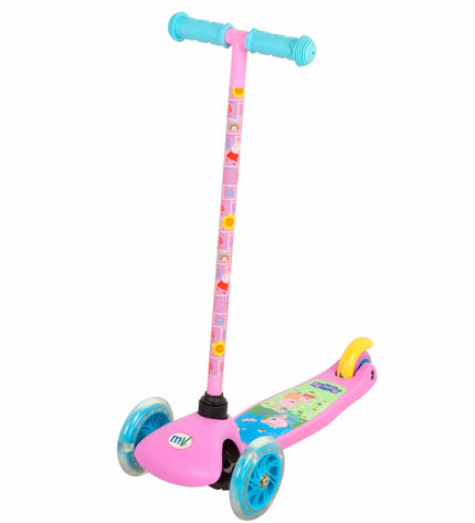 Peppa Pig children's scooter with rubber, metal, and plastic construction for urban mobility and outdoor play.