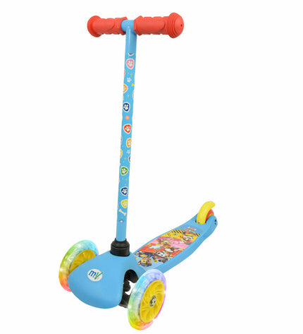 Paw Patrol scooter made of rubber, metal, and plastic for outdoor and urban mobility, featuring colorful Paw Patrol characters.
