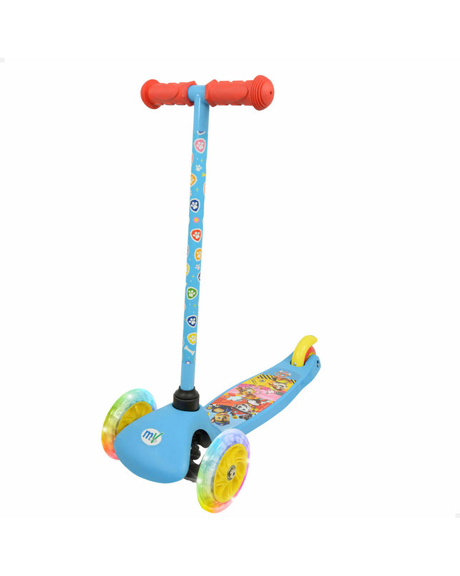 Paw Patrol scooter made of rubber, metal, and plastic for outdoor and urban mobility, featuring colorful Paw Patrol characters.