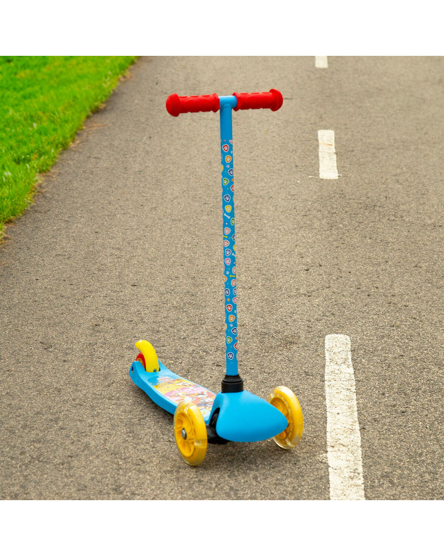Paw Patrol scooter with rubber, metal, and plastic parts, designed for urban mobility and outdoor play.