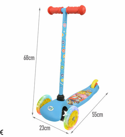 Paw Patrol rubber scooter with metal and plastic parts, designed for outdoor urban mobility and active play.