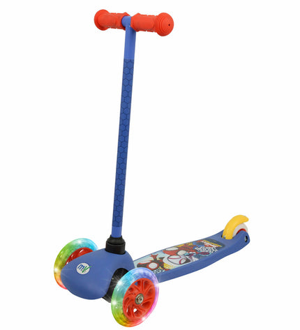 Spidey scooter with rubber, metal, and plastic parts, designed for urban mobility and outdoor sports, showing the scooter's components.