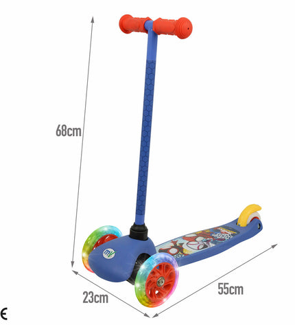 Spidey scooter with rubber, metal, and plastic parts, designed for urban mobility and outdoor sports, shown in close-up image.