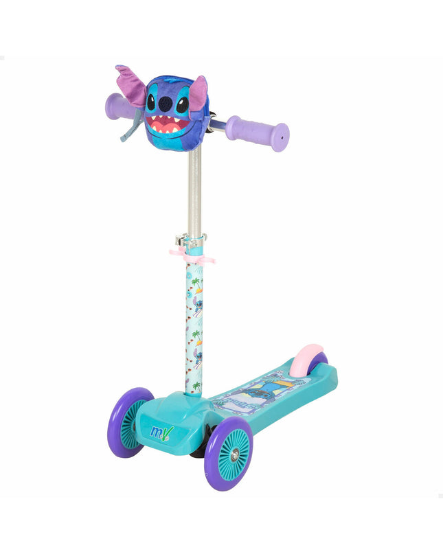 Stitch Step Stitch MINI GO! in blue and lilac metal and plastic, a compact scooter designed for urban mobility and outdoor use.