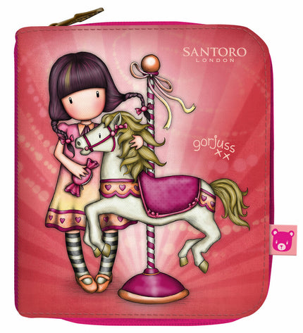 Gorjuss Carousel Zalm wallet showing compact design with card slots and zipper closure, featuring colorful carousel artwork.