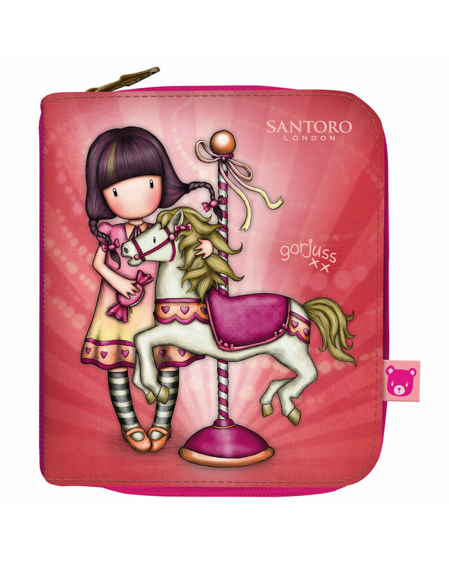 Gorjuss Carousel Zalm wallet showing compact design with card slots and zipper closure, featuring colorful carousel artwork.