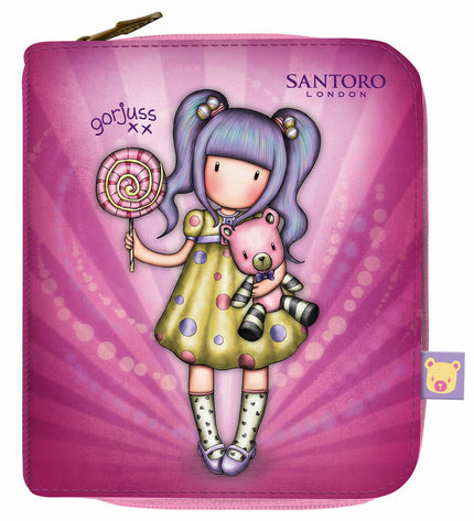 Gorjuss First Prize Lila wallet showing colorful cartoon girl design, compact size with multiple card slots and a zip closure.