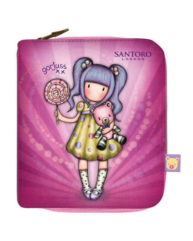 Gorjuss First Prize Lila wallet showing colorful cartoon girl design, compact size with multiple card slots and a zip closure.