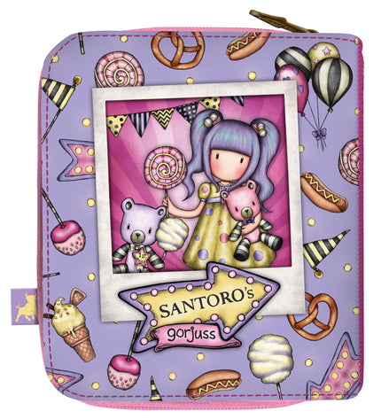 Gorjuss First Prize purple wallet with card slots and zipper, measuring 10x12x3 cm, featuring whimsical artwork and compact design.