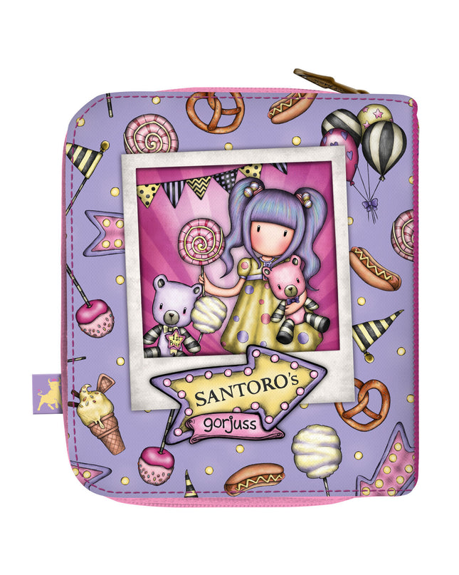 Gorjuss First Prize purple wallet with card slots and zipper, measuring 10x12x3 cm, featuring whimsical artwork and compact design.