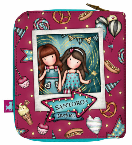Gorjuss Fireworks wallet in kastanjebruin with card slots, compact 10x12x3 cm, featuring a whimsical illustration and card holder design.