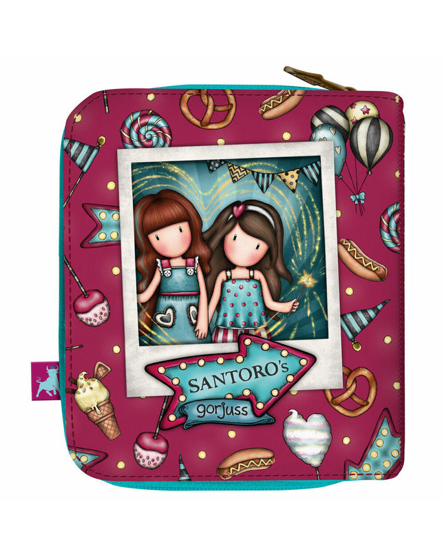 Gorjuss Fireworks wallet in kastanjebruin with card slots, compact 10x12x3 cm, featuring a whimsical illustration and card holder design.