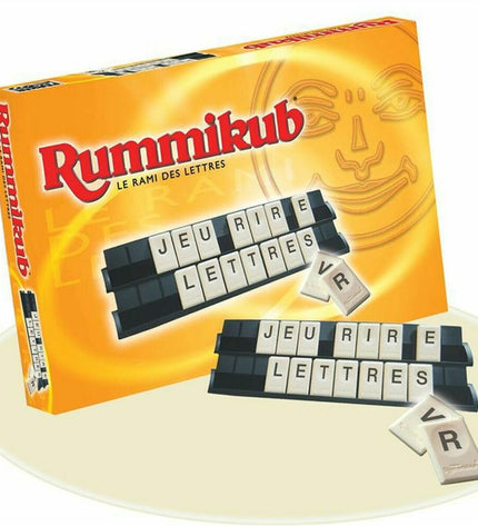 Hasbro Rummikub Letters game with colorful letter tiles and game components for educational and fun word-building play.