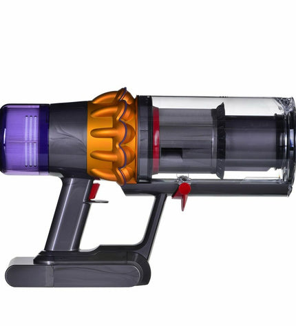 Dyson V15 Detect Absolute steel cordless vacuum cleaner with digital display and multiple attachments for home cleaning.