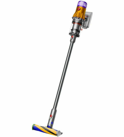 Dyson V12 Detect Slim steel stofzuiger with handheld design, showing its slim body and vacuum nozzle for home cleaning.