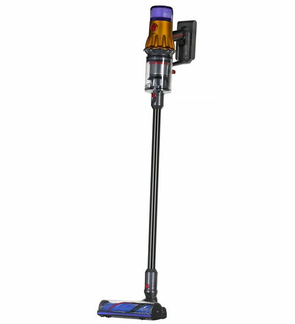 Dyson V12 Detect Slim steel stick vacuum cleaner with digital display and lightweight design for home cleaning.